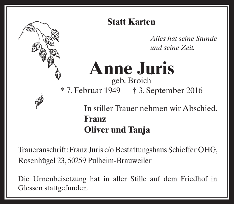  Traueranzeige für Anne Juris vom 14.09.2016 aus  Werbepost 