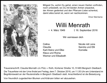Anzeige von Willi Menrath von Kölner Stadt-Anzeiger / Kölnische Rundschau / Express