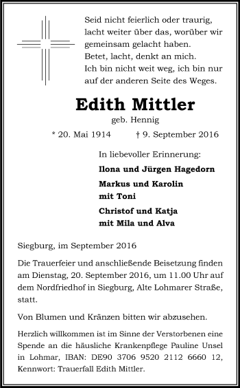 Anzeige von Edith Mittler von Kölner Stadt-Anzeiger / Kölnische Rundschau / Express