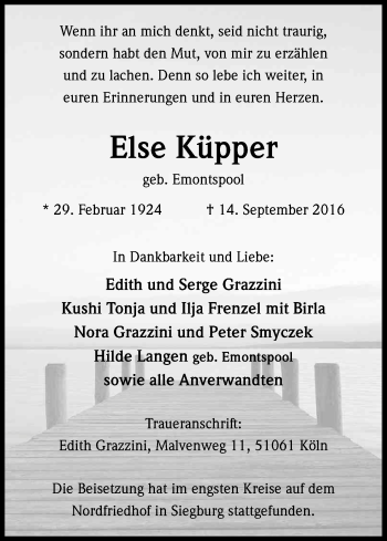 Anzeige von Else Küpper von Kölner Stadt-Anzeiger / Kölnische Rundschau / Express