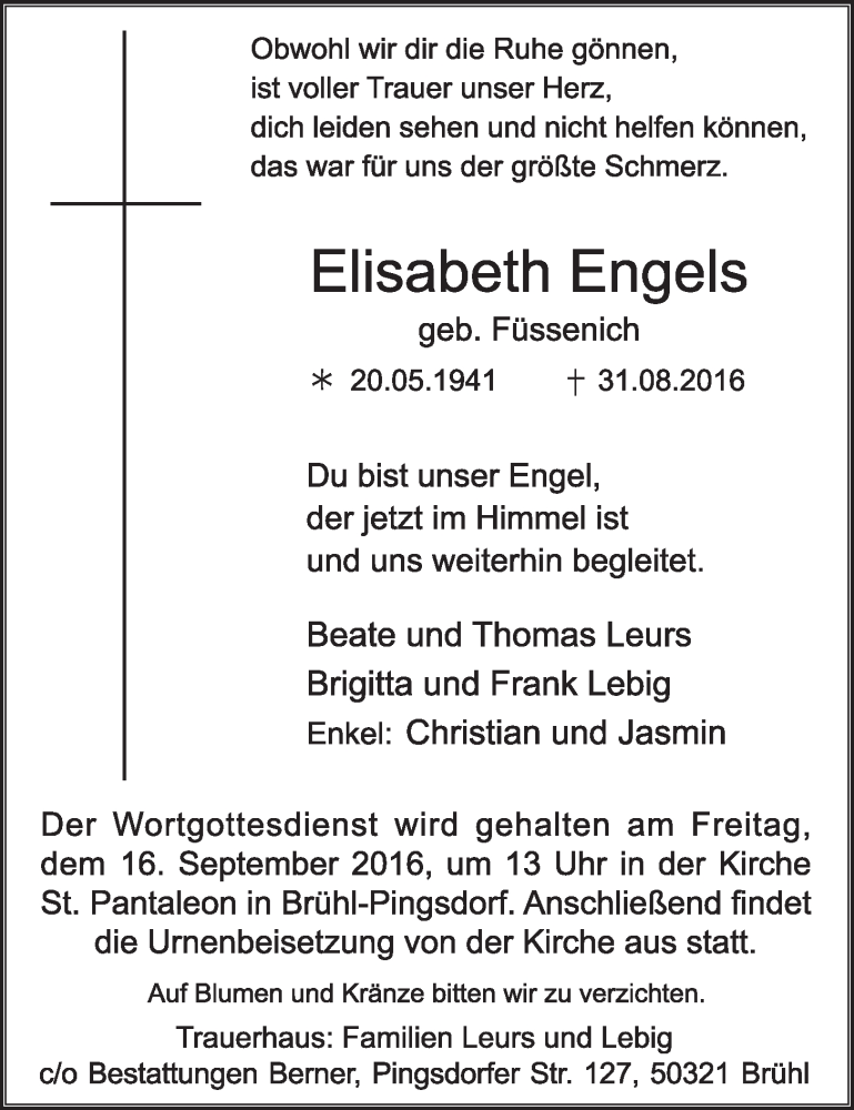  Traueranzeige für Elisabeth Engels vom 14.09.2016 aus  Schlossbote/Werbekurier 