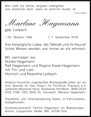 Anzeige von Marlene Hagemann von Kölner Stadt-Anzeiger / Kölnische Rundschau / Express