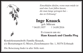 Anzeige von Inge Knaack von  Werbepost 