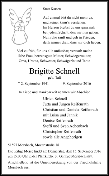 Anzeige von Brigitte Schnell von Kölner Stadt-Anzeiger / Kölnische Rundschau / Express