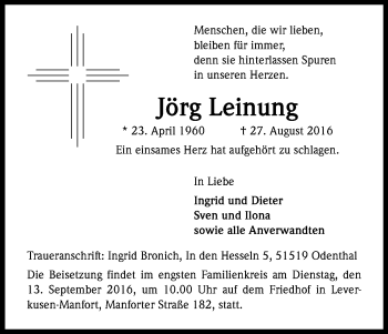Anzeige von Jörg Leinung von Kölner Stadt-Anzeiger / Kölnische Rundschau / Express
