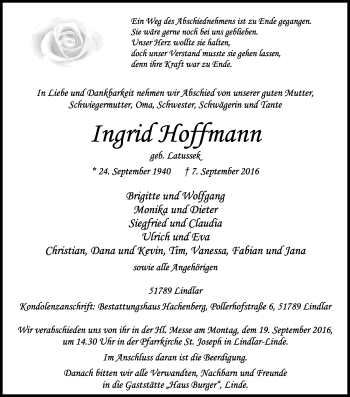 Anzeige von Ingrid Hoffmann von Kölner Stadt-Anzeiger / Kölnische Rundschau / Express