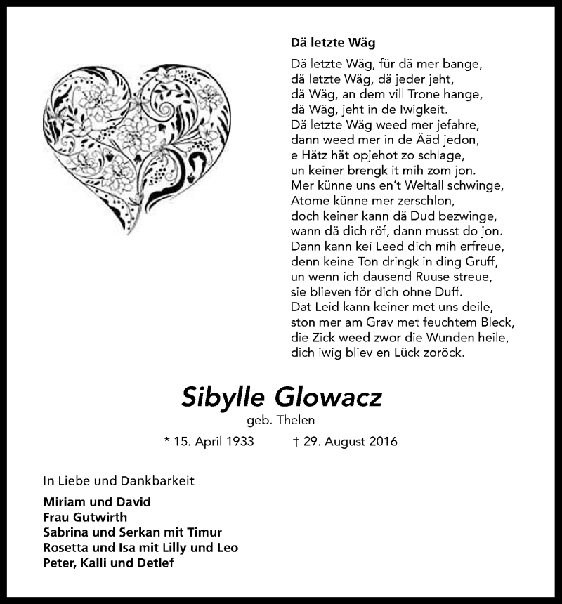  Traueranzeige für Sibylle Glowacz vom 24.09.2016 aus Kölner Stadt-Anzeiger / Kölnische Rundschau / Express