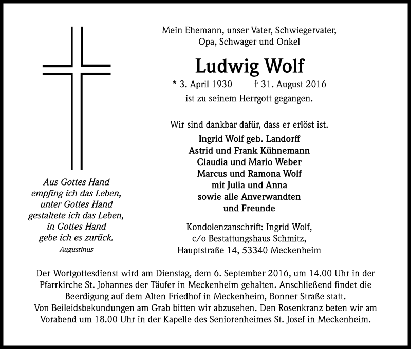  Traueranzeige für Ludwig Wolf vom 03.09.2016 aus Kölner Stadt-Anzeiger / Kölnische Rundschau / Express