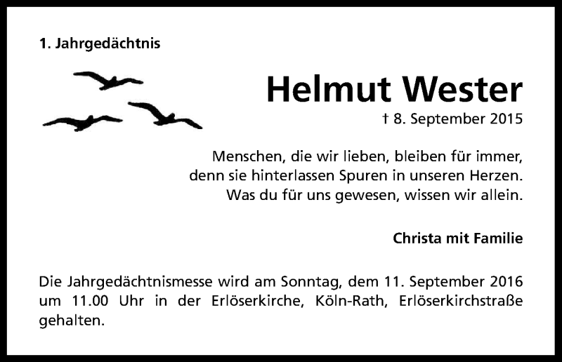  Traueranzeige für Helmut Wester vom 08.09.2016 aus Kölner Stadt-Anzeiger / Kölnische Rundschau / Express