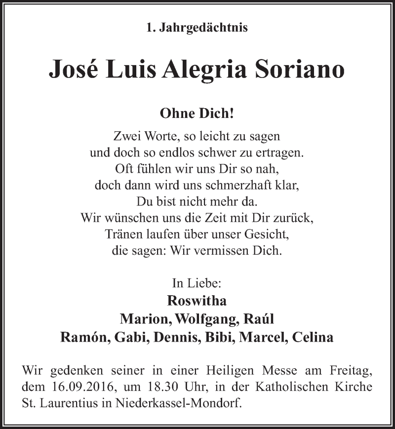  Traueranzeige für José Luis Alegria Soriano vom 14.09.2016 aus  Extra Blatt 