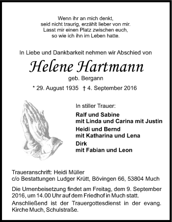 Anzeige von Helene Hartmann von Kölner Stadt-Anzeiger / Kölnische Rundschau / Express