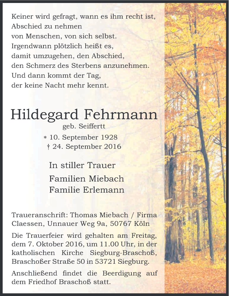  Traueranzeige für Hildegard Fehrmann vom 01.10.2016 aus Kölner Stadt-Anzeiger / Kölnische Rundschau / Express