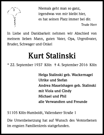 Anzeige von Kurt Stalinski von Kölner Stadt-Anzeiger / Kölnische Rundschau / Express