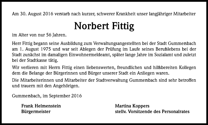  Traueranzeige für Norbert Fittig vom 03.09.2016 aus Kölner Stadt-Anzeiger / Kölnische Rundschau / Express