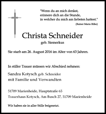 Anzeige von Christa Schneider von Kölner Stadt-Anzeiger / Kölnische Rundschau / Express