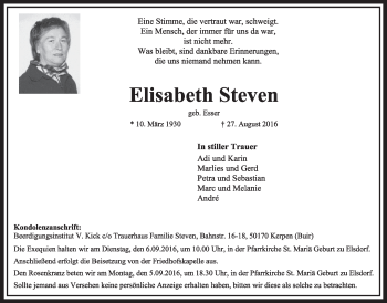 Anzeige von Elisabeth Steven von  Sonntags-Post 