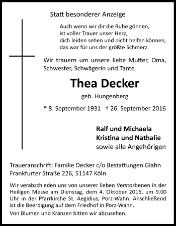 Anzeige von Thea Decker von Kölner Stadt-Anzeiger / Kölnische Rundschau / Express