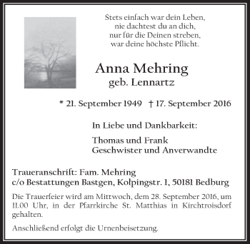 Anzeige von Anna Mehring von  Sonntags-Post 