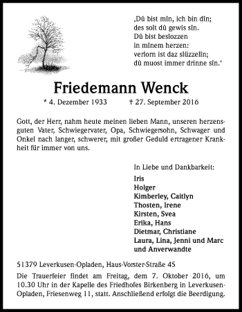 Anzeige von Friedemann Wenck von Kölner Stadt-Anzeiger / Kölnische Rundschau / Express