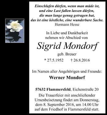 Anzeige von Sigrid Mondorf von Kölner Stadt-Anzeiger / Kölnische Rundschau / Express