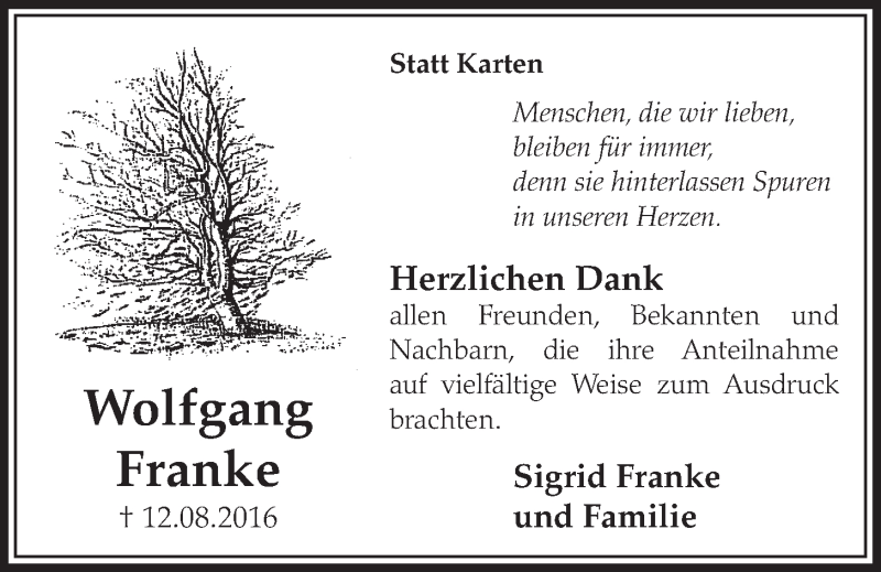  Traueranzeige für Wolfgang Franke vom 14.09.2016 aus  Schlossbote/Werbekurier 
