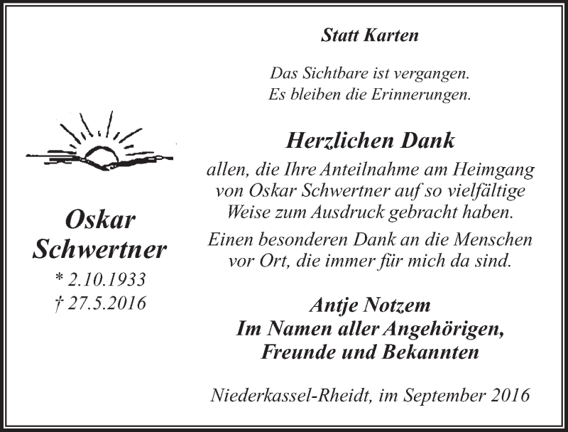  Traueranzeige für Oskar Schwertner vom 14.09.2016 aus  Extra Blatt 