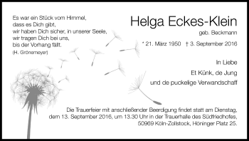Anzeige von Helga Eckes-Klein von Kölner Stadt-Anzeiger / Kölnische Rundschau / Express