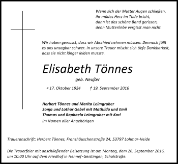 Anzeige von Elisabeth Tönnes von Kölner Stadt-Anzeiger / Kölnische Rundschau / Express