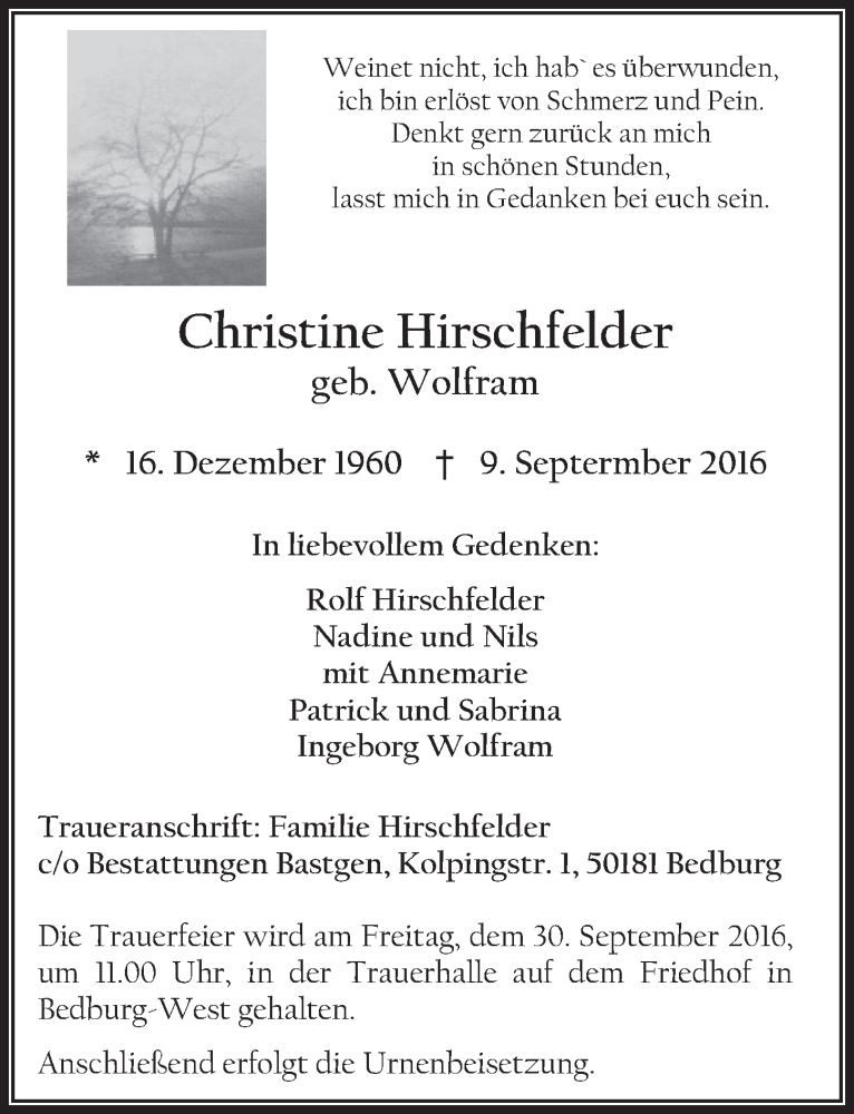  Traueranzeige für Christine Hirschfelder vom 24.09.2016 aus  Sonntags-Post 