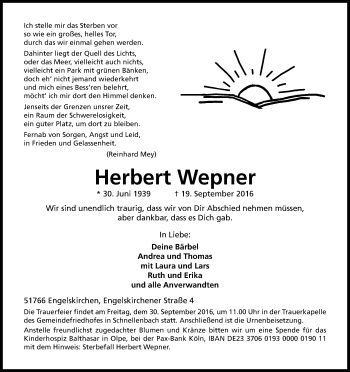 Anzeige von Herbert Wepner von Kölner Stadt-Anzeiger / Kölnische Rundschau / Express