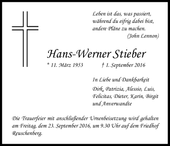 Anzeige von Hans-Werner Stieber von Kölner Stadt-Anzeiger / Kölnische Rundschau / Express
