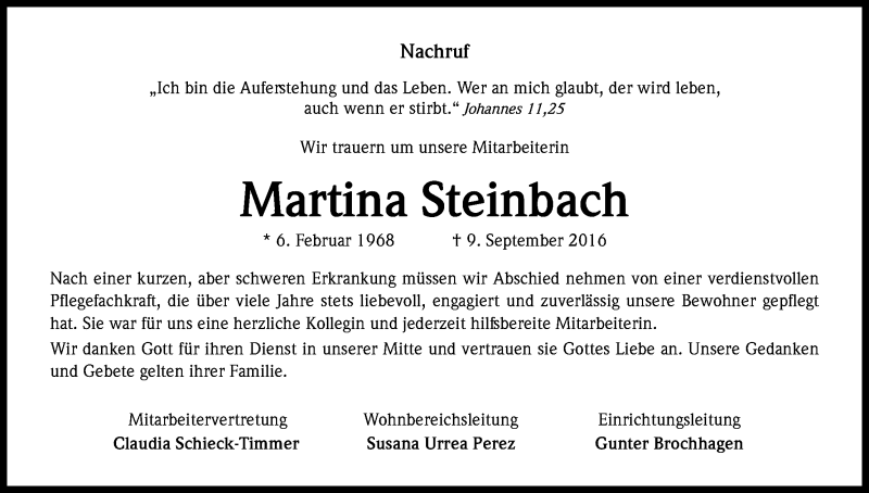  Traueranzeige für Martina Steinbach vom 17.09.2016 aus Kölner Stadt-Anzeiger / Kölnische Rundschau / Express
