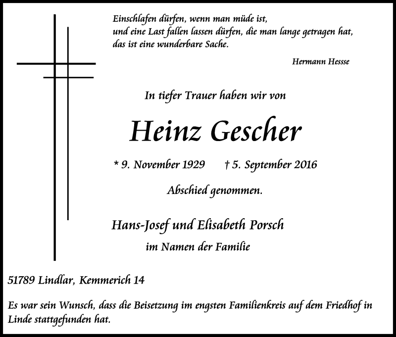  Traueranzeige für Heinz Gescher vom 17.09.2016 aus Kölner Stadt-Anzeiger / Kölnische Rundschau / Express