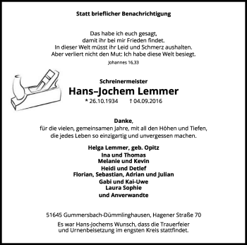Anzeige von Hans-Jochem Lemmer von Kölner Stadt-Anzeiger / Kölnische Rundschau / Express