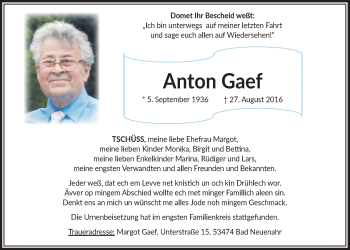 Anzeige von Anton Gaef von  Bergisches Handelsblatt 