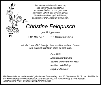 Anzeige von Christine Feldpusch von Kölner Stadt-Anzeiger / Kölnische Rundschau / Express
