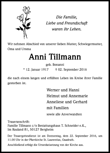 Anzeige von Anni Tillmann von Kölner Stadt-Anzeiger / Kölnische Rundschau / Express