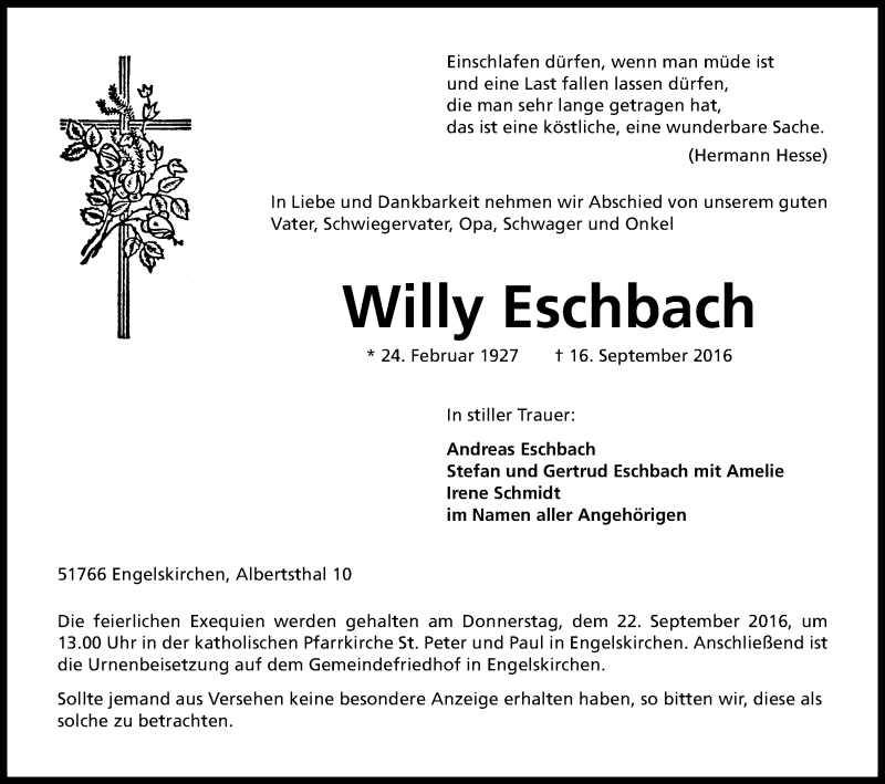  Traueranzeige für Willy Eschbach vom 19.09.2016 aus Kölner Stadt-Anzeiger / Kölnische Rundschau / Express