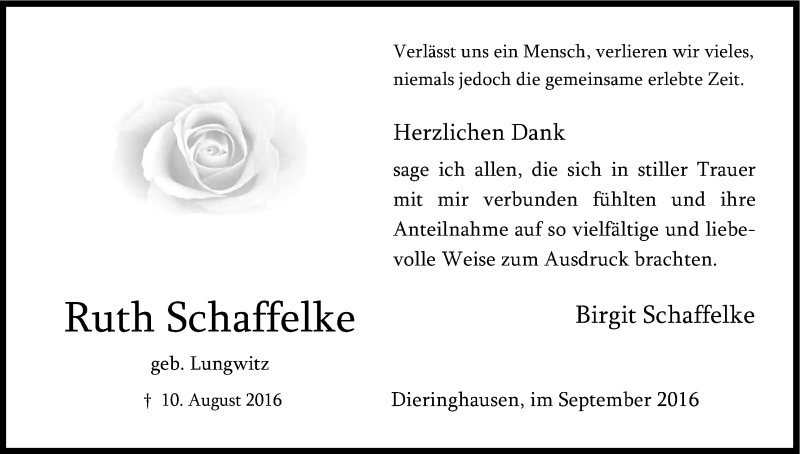  Traueranzeige für Ruth Schaffelke vom 30.09.2016 aus Kölner Stadt-Anzeiger / Kölnische Rundschau / Express