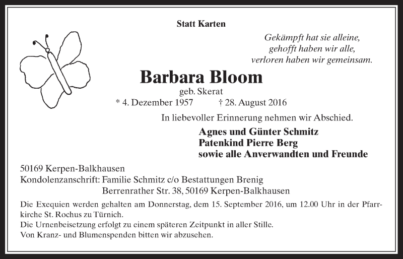  Traueranzeige für Barbara Bloom vom 07.09.2016 aus  Werbepost 