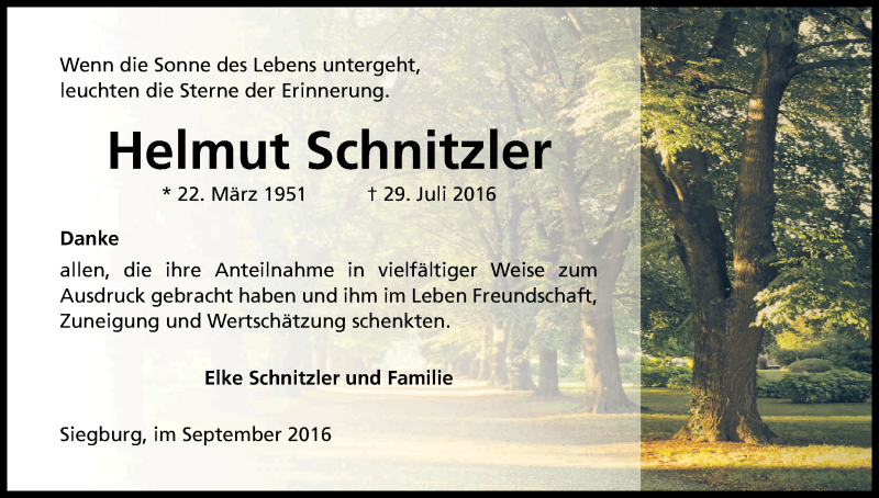  Traueranzeige für Helmut Schnitzler vom 19.09.2016 aus Kölner Stadt-Anzeiger / Kölnische Rundschau / Express