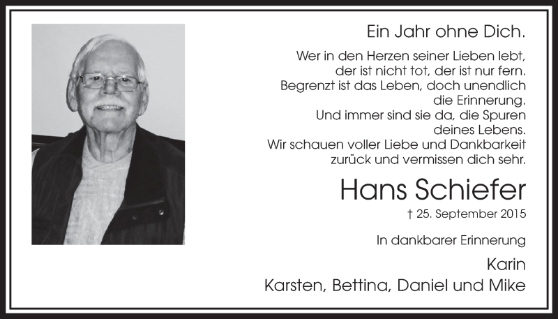  Traueranzeige für Hans Schiefer vom 24.09.2016 aus  Sonntags-Post 