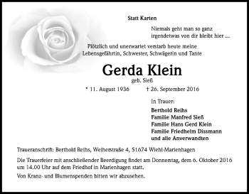 Anzeige von Gerda Klein von Kölner Stadt-Anzeiger / Kölnische Rundschau / Express