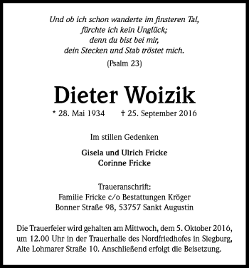 Anzeige von Dieter Woizik von Kölner Stadt-Anzeiger / Kölnische Rundschau / Express