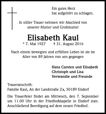 Anzeige von Elisabeth Kaul von Kölner Stadt-Anzeiger / Kölnische Rundschau / Express