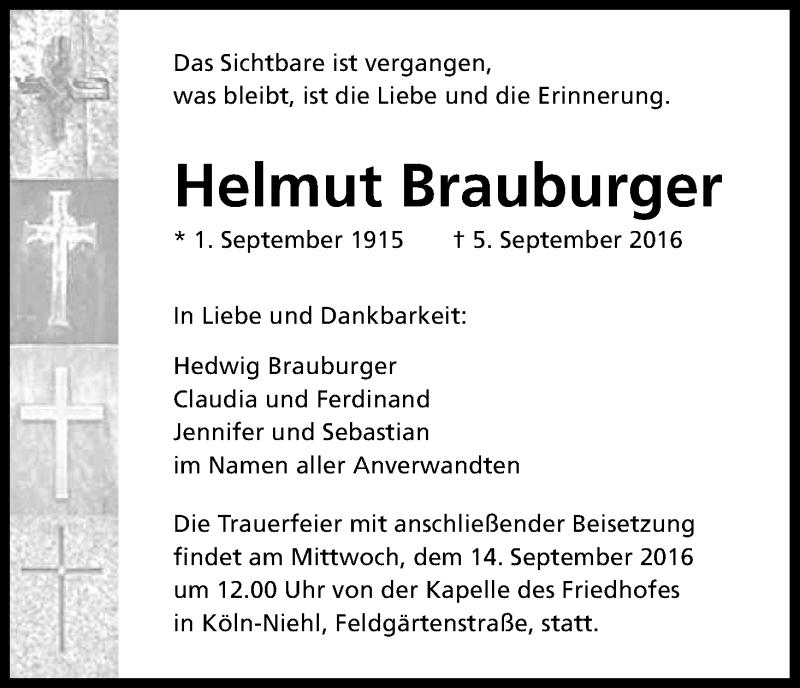  Traueranzeige für Helmut Brauburger vom 10.09.2016 aus Kölner Stadt-Anzeiger / Kölnische Rundschau / Express