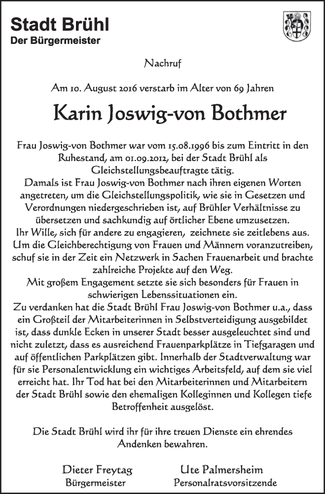  Traueranzeige für Karin Joswig-von Bothmer vom 14.09.2016 aus  Schlossbote/Werbekurier 