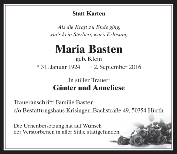 Anzeige von Maria Basten von  Wochenende 