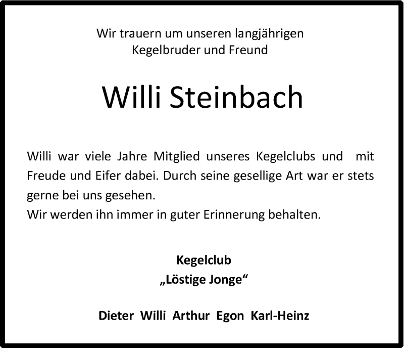 Traueranzeige für Willi Steinbach vom 02.09.2016 aus Kölner Stadt-Anzeiger / Kölnische Rundschau / Express