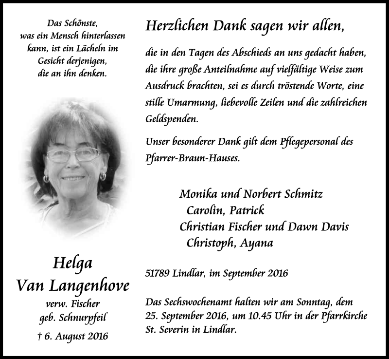  Traueranzeige für Helga van Langenhove vom 17.09.2016 aus Kölner Stadt-Anzeiger / Kölnische Rundschau / Express